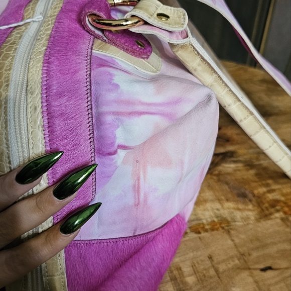 Sold Fabric & Cowhide Tie Dye Pink Satchel Handbag Purse - Picture 12 of 12